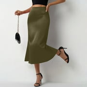 MGCWSH Women's Satin Maxi Skirt High Waist Elastic A Line Fishtail Elegant Work Elastic Long Skirts Army Green