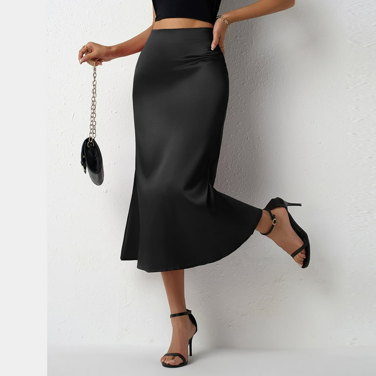MGCWSH Women's Satin Maxi Skirt High Waist Elastic A Line Fishtail