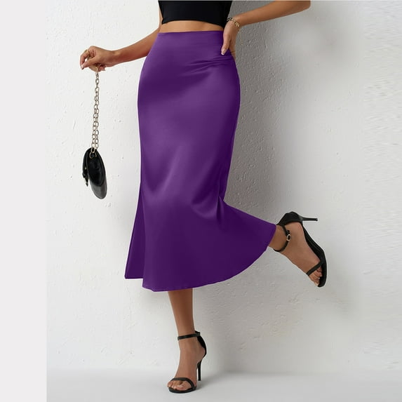 MGCWSH Women's Satin Maxi Skirt High Waist Elastic A Line Fishtail Elegant Work Elastic Long Skirts Dark Purple