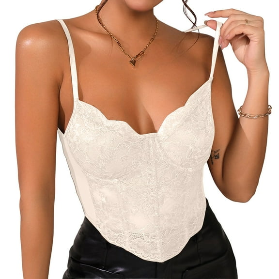 MGCWSH Women's Sexy Floral Lace Sheer Mesh Corset Bodysuit Spaghetti Strap Cami Tops Going Out Beige L