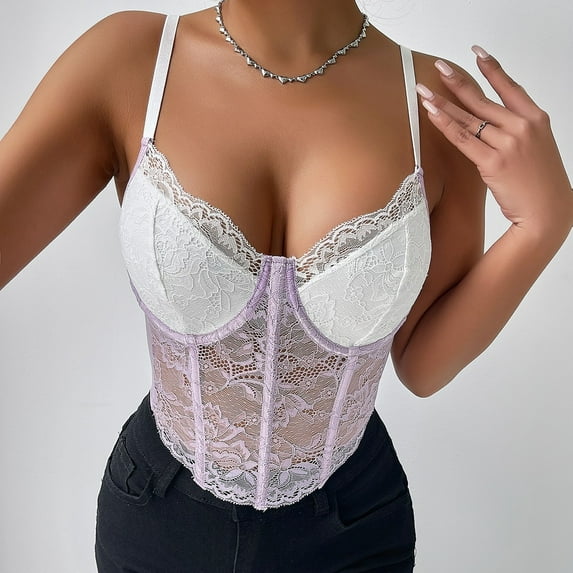 MGCWSH Women's Sexy Floral Lace Sheer Mesh Corset Bodysuit Spaghetti Strap Cami Tops Going Out Light Purple L