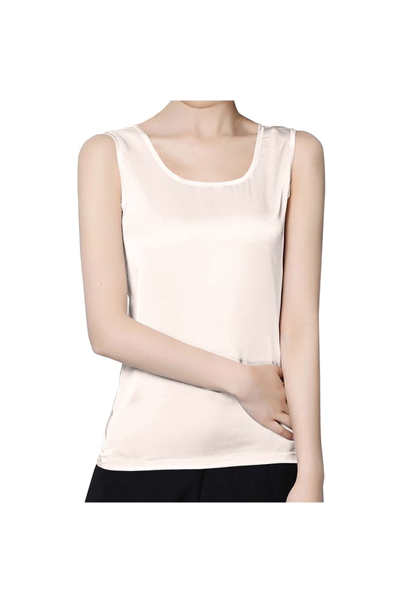 Women's Silky Satin Wide Strap Camisole Crew Neck Camis Satin Tank Top Silk Shirt White S