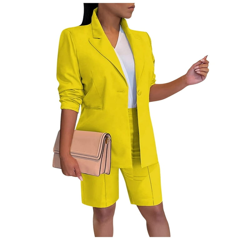 MGCWSH Women s Suit Suit Jacket Shorts Two Piece Set Coat Solid Color Slim Suit Yellow 2XL Walmart