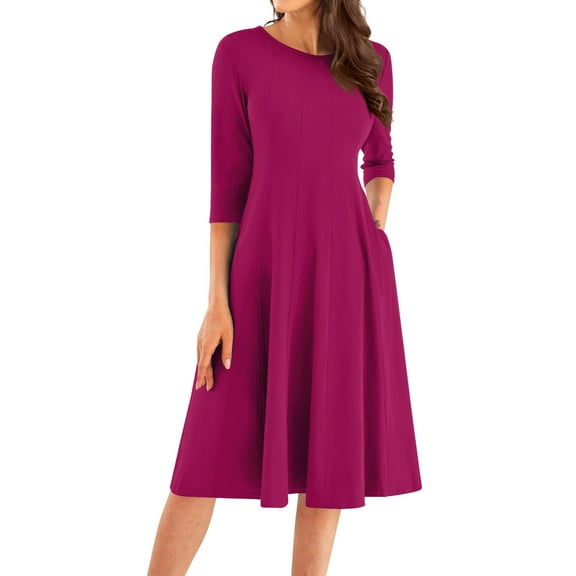 MGCWSH Womens 2024 Fall Trendy Crew Neck 3/4 Sleeve A Line Flowy Casual Midi Dress with Pockets Dark Purple S