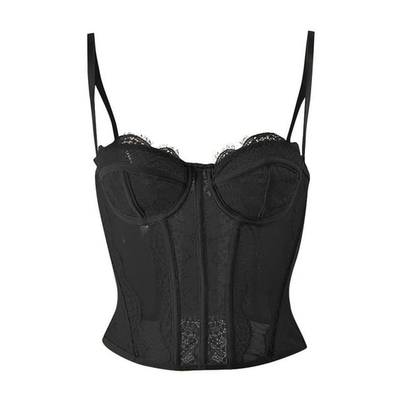 MGCWSH Womens Corset Top Lace Mesh Vintage Spaghetti Strap Open Boned Corset Going Out Party Trendy Top Black S