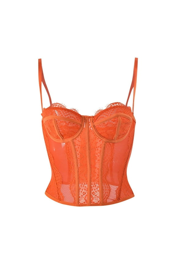 Womens Corset Top Lace Mesh Vintage Spaghetti Strap Open Boned Corset Going Out Party Trendy Top Orange M