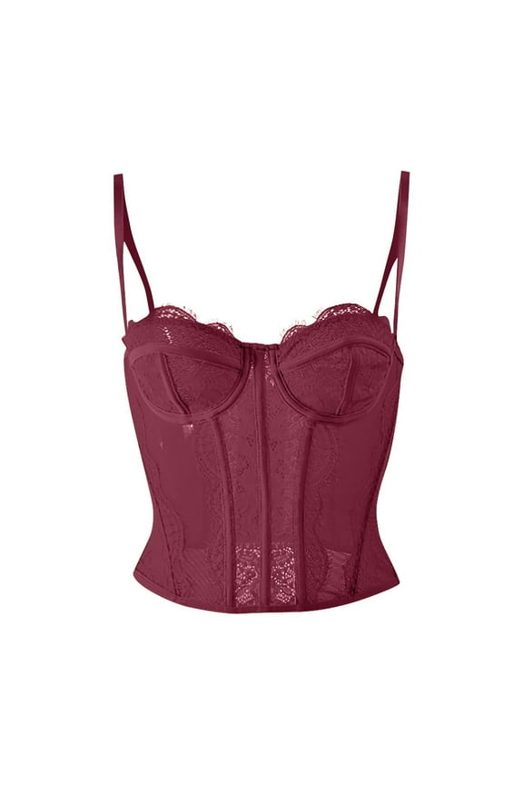 Womens Corset Top Lace Mesh Vintage Spaghetti Strap Open Boned Corset Going Out Party Trendy Top Wine S