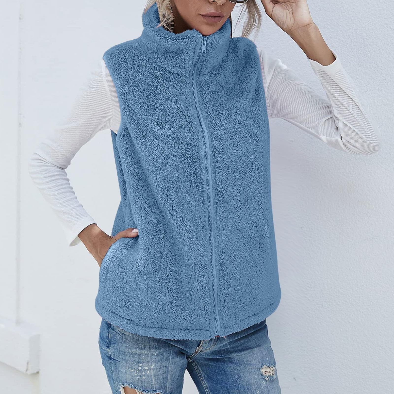 Yihaojia Women's Fuzzy Sherpa Fleece Vest - Lightweight Sleeveless Cardigan With Pocket, Zipper Front