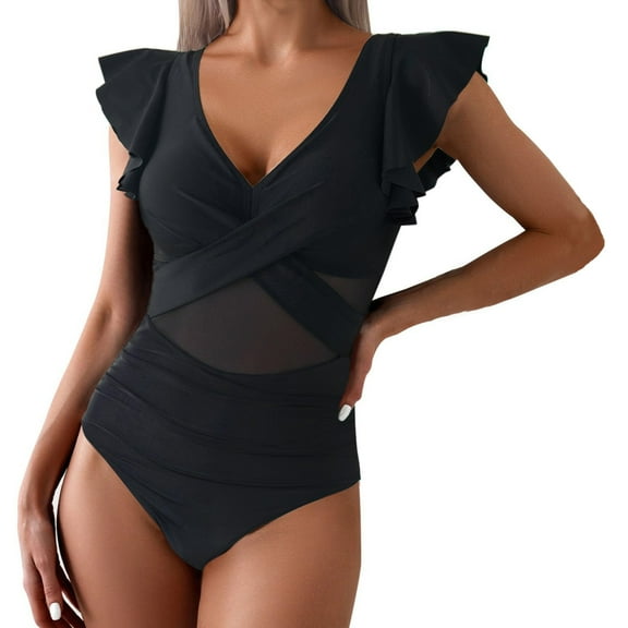 MGCWSH Womens One Piece Swimsuits Tummy Control Bathing Suits Ruffle Sleeve Mesh Swimsuit Full Coverage Swimwear Black XL