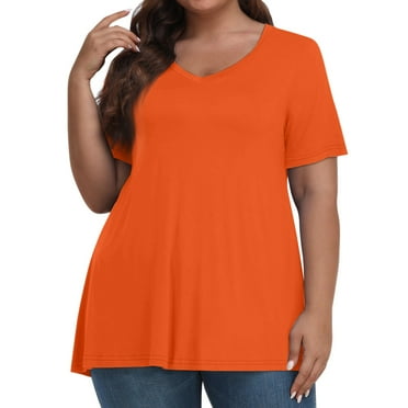 MGCWSH Womens Plus Size Tops Short Sleeve Tunic Shirts V Neck Summer Loose Fit Blouse Orange L