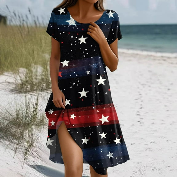 MGCWSH Womens Red White Blue Dresses Blue Independence Day Graphic Crew Neck Vintage Summer Maxi Dress Short Sleeve Hawaiian Dress Costume Multicolor M