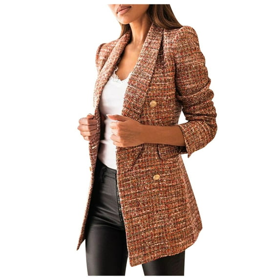 MGCWSH Womens Tweed Blazers Casual Long Sleeve Double Breasted Open Front Blazer Jackets Work Suits Brown 2XL