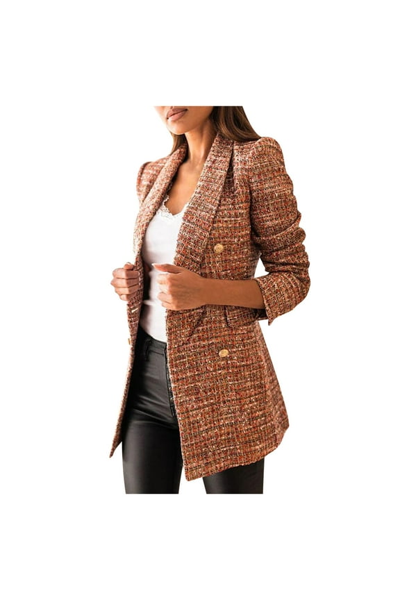 Womens Tweed Blazers Casual Long Sleeve Double Breasted Open Front Blazer Jackets Work Suits Brown L