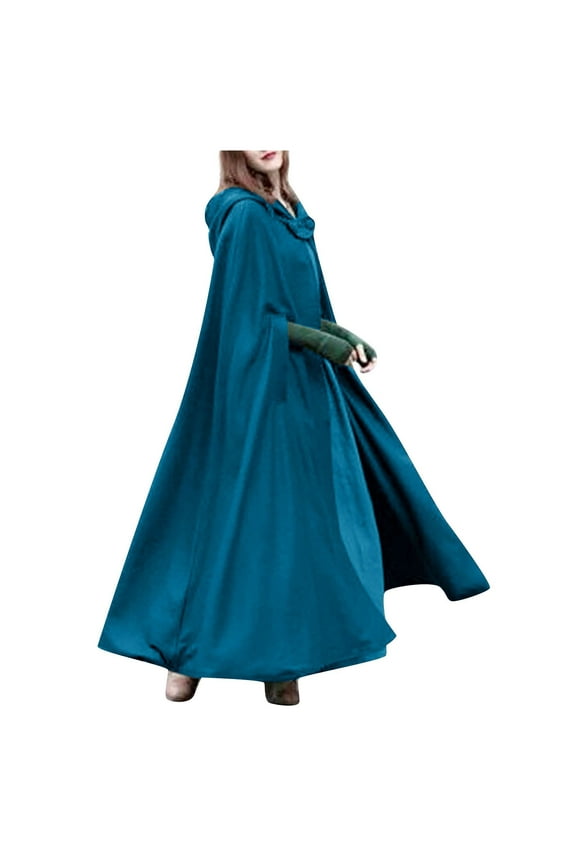 Womens Wool Coat Hood Woolen Cape Bridal Wedding Winter Cloak Thick Coat Solid Button Maxi Long Cape Blue XL