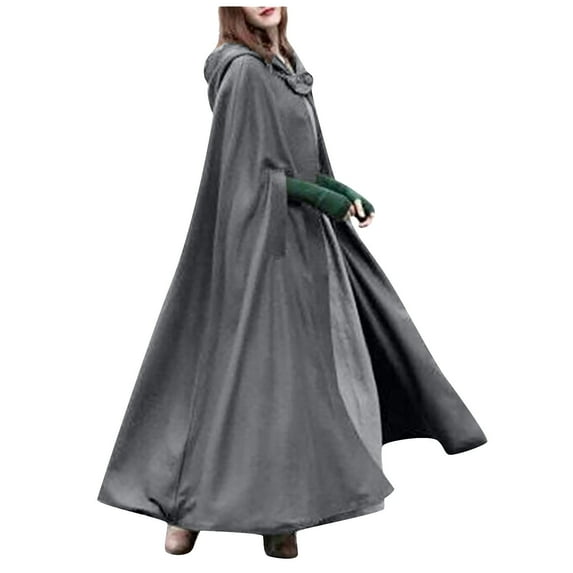 MGCWSH Womens Wool Coat Hood Woolen Cape Bridal Wedding Winter Cloak Thick Coat Solid Button Maxi Long Cape Gray L