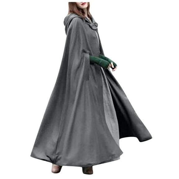 MGCWSH Womens Wool Coat Hood Woolen Cape Bridal Wedding Winter Cloak Thick Coat Solid Button Maxi Long Cape Gray XL