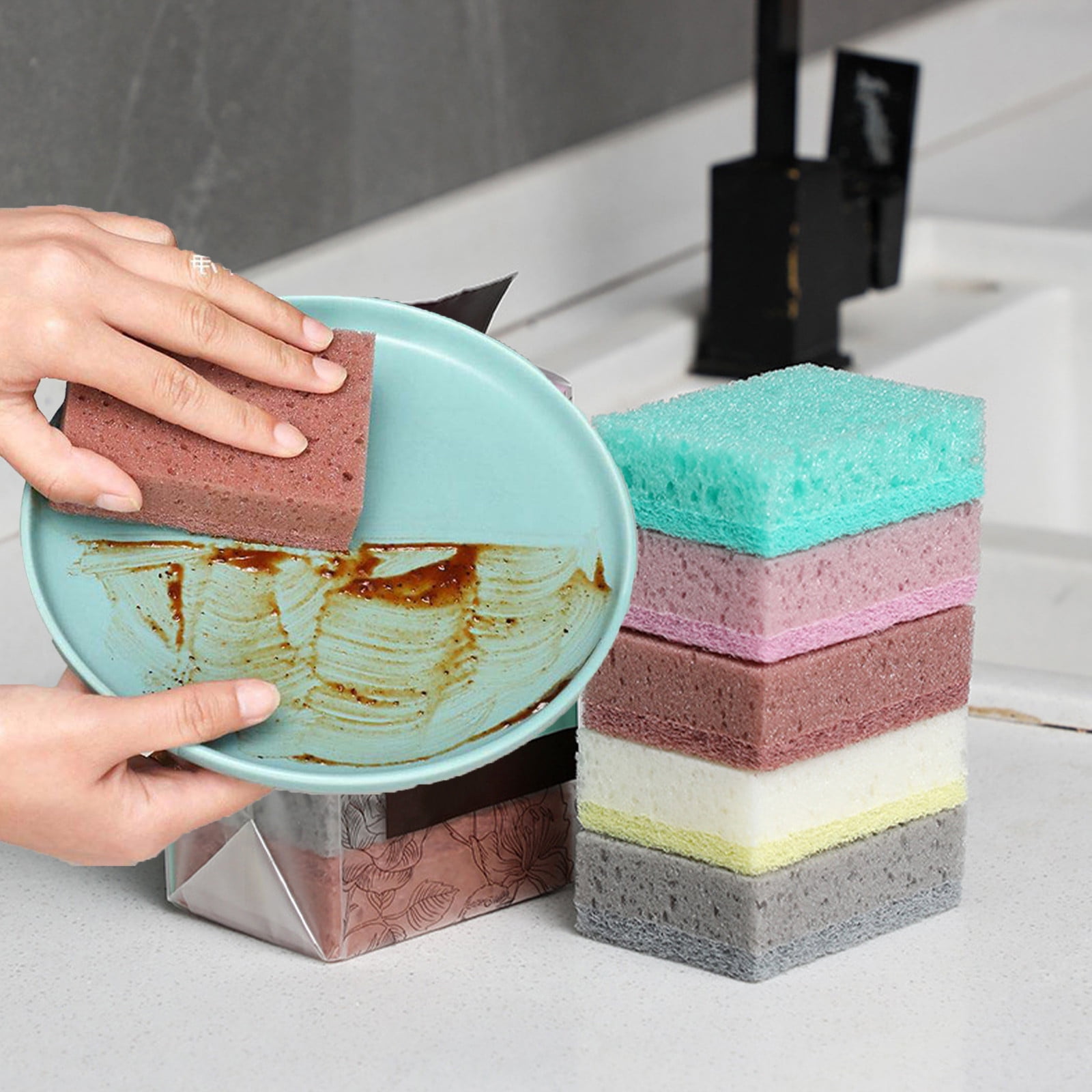 MGDIAWEN Natural Wood Pulp Sponge DoubleSide Oil Dishwashing Sponges