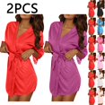 thumbnail image 1 of MGDXOX 2 PC Robes for Women Casual Solid Color Long Sleeve Comfy Silk Satin Bathrobe with Belt Soft Sleepdress Loungewear Pink Free Size, 1 of 9