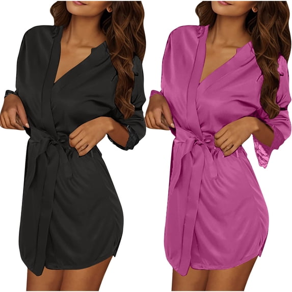 MGDXOX 2 PC Robes for Women Casual Solid Color Long Sleeve Comfy Silk Satin Bathrobe with Belt Soft Sleepdress Loungewear Purple Free Size