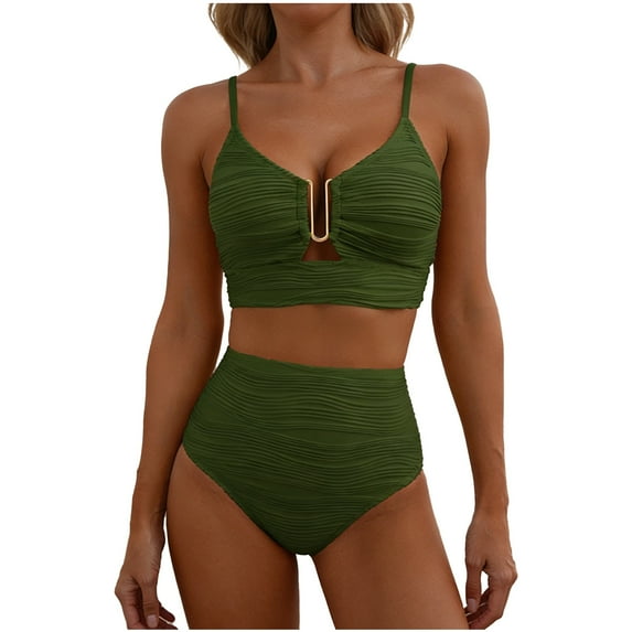 MGDXOX 2 Piece Bikini Set U-Wire Cutout Swimsuit High Waisted Tummy Control Textured Summer Beach Swim Bathing Suit Army Green XXL