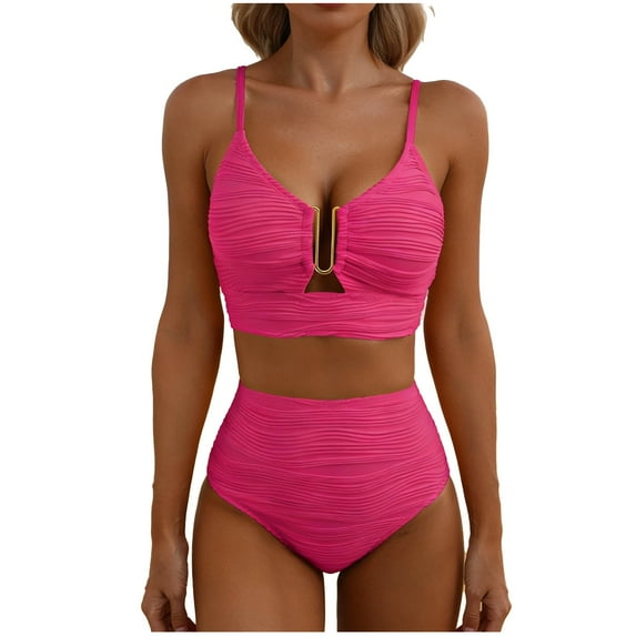MGDXOX 2 Piece Bikini Set U-Wire Cutout Swimsuit High Waisted Tummy Control Textured Summer Beach Swim Bathing Suit Hot Pink XXL