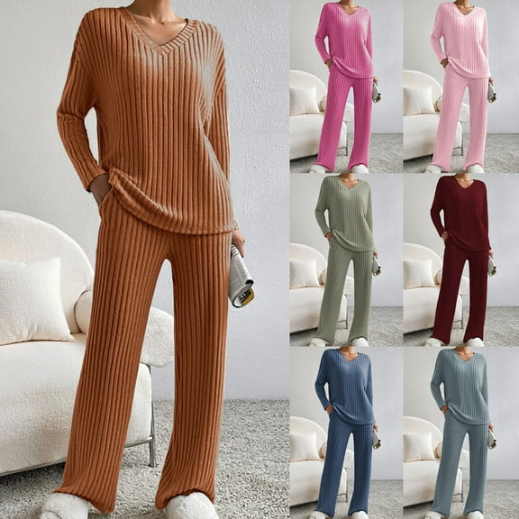 MGDXOX 2 Piece Outfits for Women Long Sleeve Knit Sweater Top and Wide Leg Pants Ribbed Lounge Matching Set Fall Winter Brown XXL