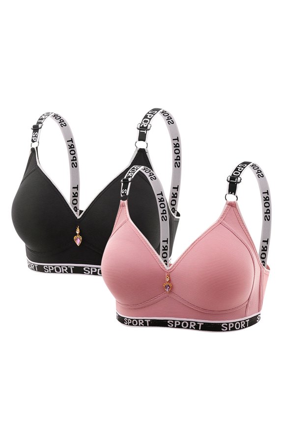2PC Letter Print Wide Adjustable Strap Vertical Rib V Neck Rhinestone Pendant Wireless Sports Push Up Bra Black L