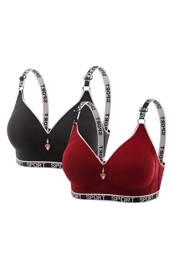 2PC Letter Print Wide Adjustable Strap Vertical Rib V Neck Rhinestone Pendant Wireless Sports Push Up Bras Red M