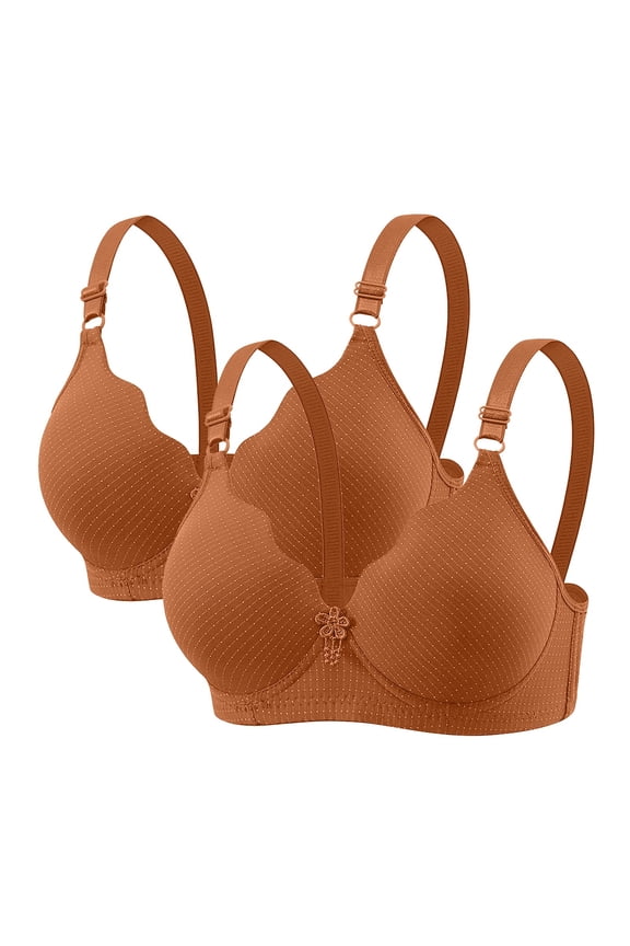 2pc Plus Size Dotted V Neck Front Ornament Adjustable Strap Wireless Full Figure Support Everyday Bra Coffee XL