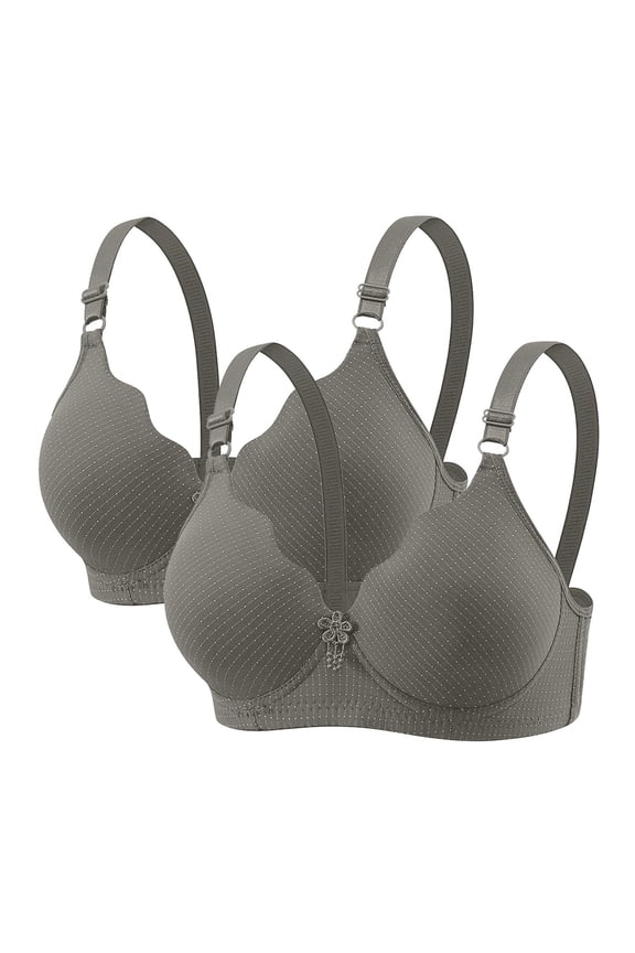 2pc Plus Size Dotted V Neck Front Ornament Adjustable Strap Wireless Full Figure Support Everyday Bra Dark Gray XXL
