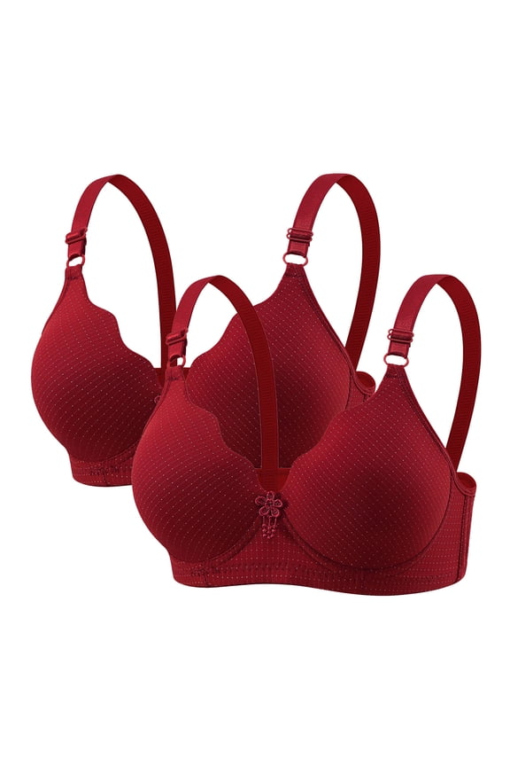 2pc Plus Size Dotted V Neck Front Ornament Adjustable Strap Wireless Full Figure Support Everyday Bra Wine L