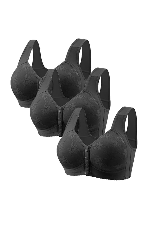 3 Pack Floral Print Bras for Older Women No Underwire Front Closure Snap Bra Comfort Push Up Full Coverage Bra for Seniors Black XXL