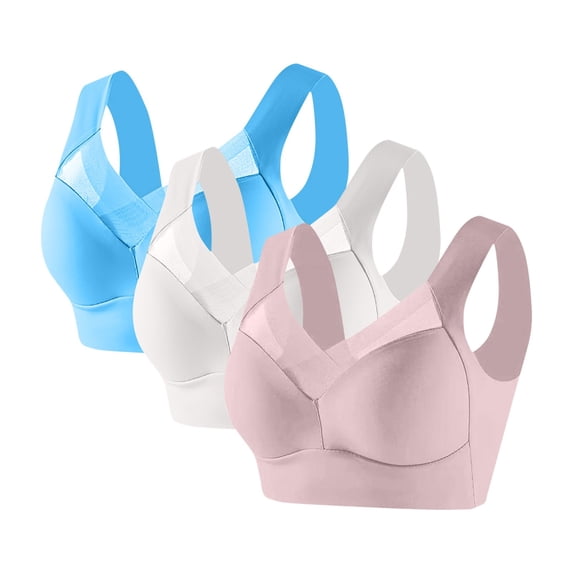 MGDXOX 3Pcs Women's Medium Wide Adjustable Strap Color-block Splicing V Neck Textured Breath Wireless Lounge Bra Pink XXXXL