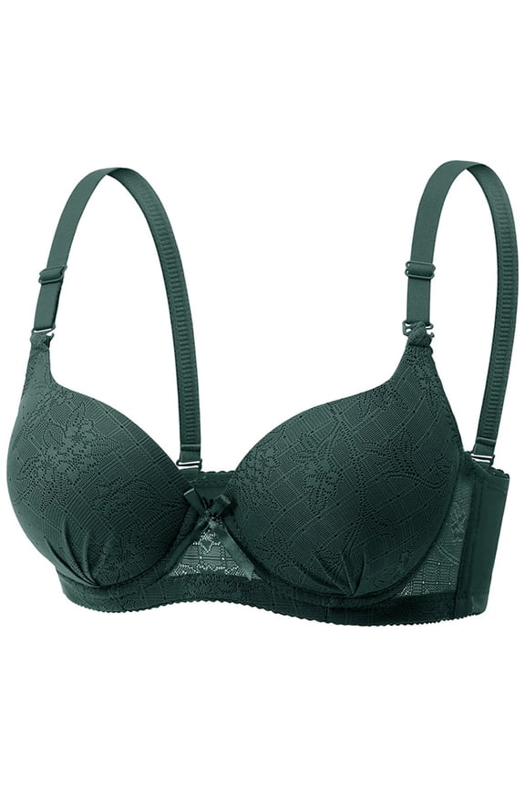 Adjustable Strap Jacquard Lace V Neck Bow Front Underwire Push Up Shaping Comfort Daily Support Bra Green S