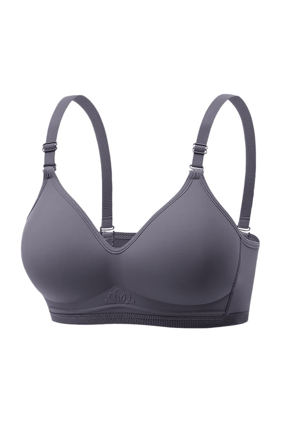 Adjustable Strap Solid Smooth V Neck Embossed Underband Wireless Comfort Everyday Support Bra Gray L