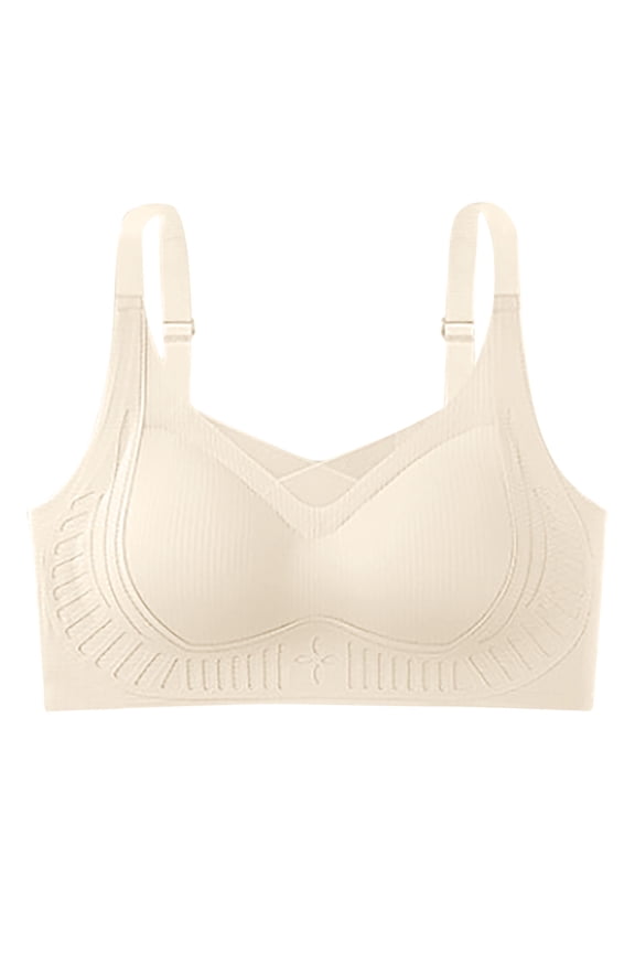 Adjustable Strap V Neck Seamless Embossed Rib Wireless Bra Invisible Comfort Everyday Underwear Beige M