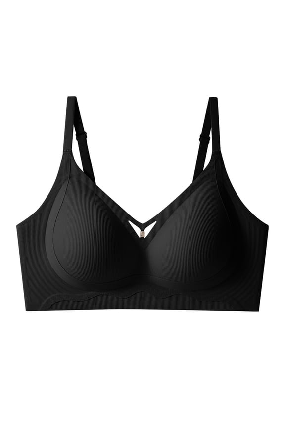 Adjustable Strap Vertical Rib V Neck Pearl Accent Wireless Seamless Lift Comfort Everyday Bra Black M