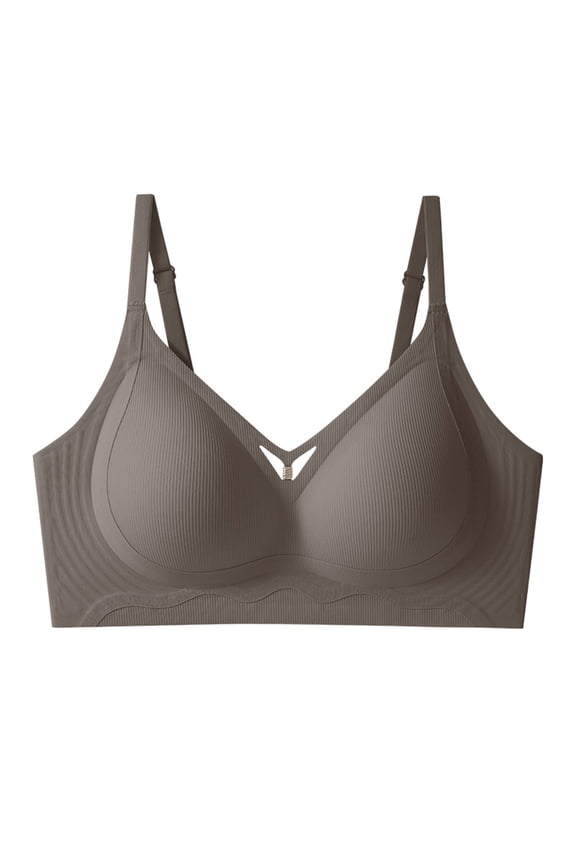 Adjustable Strap Vertical Rib V Neck Pearl Accent Wireless Seamless Lift Comfort Everyday Bra Coffee M