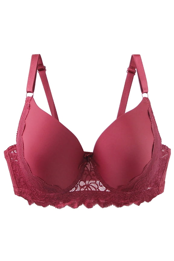 Adjustable Thin Strap Eyelash Lace Trim Bow Front Wireless Bra Side Fat Contour Push Up Daily Lingerie Wine XL
