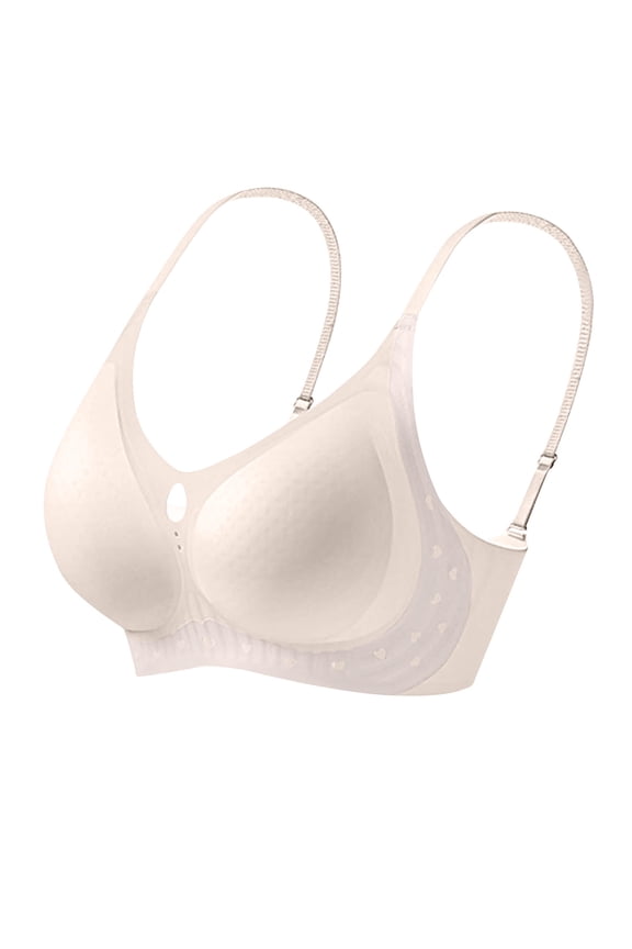 Adjustable Thin Strap Side Floral Lace Perforated Dot Cup Seamless Wireless Everyday Support Bras Beige M