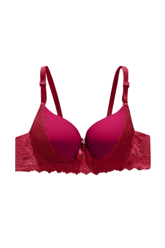 Adjustable Thin Strap Solid Cup Side Lace Spliced V Neck Underwire Push Up Comfort Daily Bra Wine S