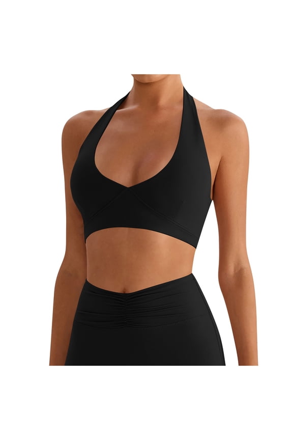 Athletic Bras for Womens Halter Neck Backless Bra High Elasticity Seamless Comfortable Push Up Tight Tops Black M