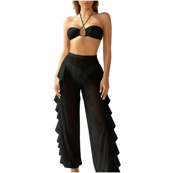 MGDXOX Beach Swimsuit for Women 3 Piece Mesh Halter Bikini Thong and Flowly Cover Up Harem Pants for Summer Beach Vication Black L
