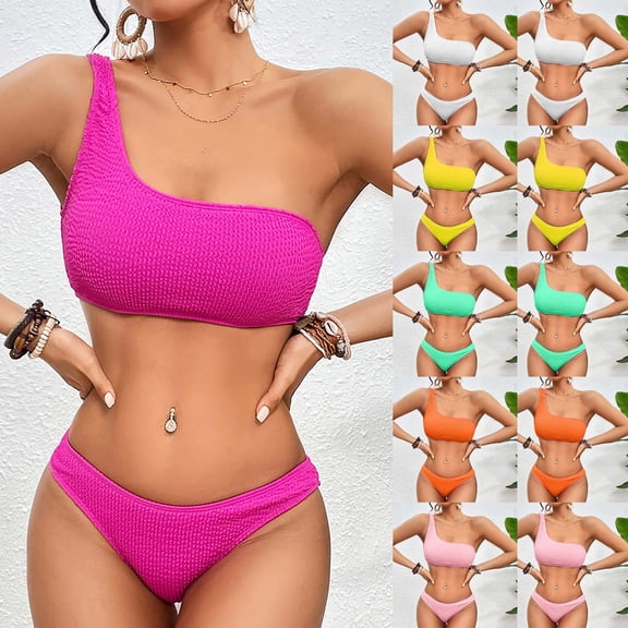 MGDXOX Bikini Sets for Women High Waisted 2 Piece Swimsuit Ribbed One Shoulder Tummy Control Solid Bathing Suit Hot Pink L
