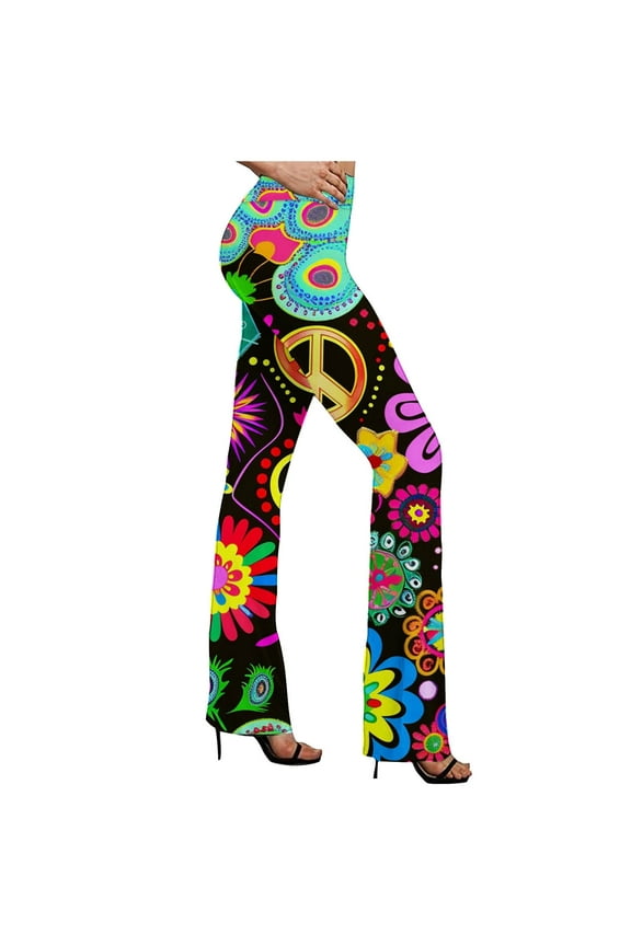 Boho Hippie High Waisted Yoga Pants for Women Tummy Control Wide Flare Leggings Party Bell Bottom with Pocket Green M