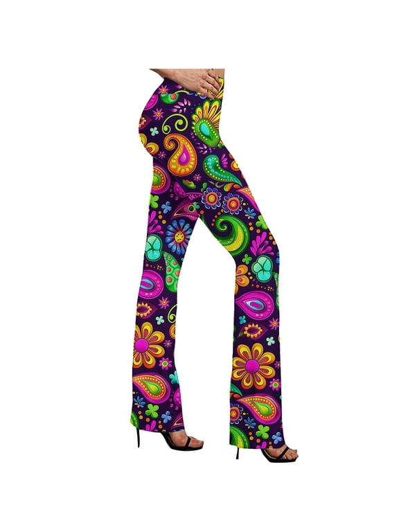 Boho Hippie High Waisted Yoga Pants for Women Tummy Control Wide Flare Leggings Party Bell Bottom with Pocket Green M