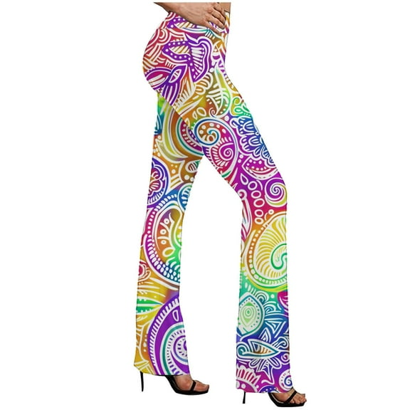 MGDXOX Boho Hippie High Waisted Yoga Pants for Women Tummy Control Wide Flare Leggings Party Bell Bottom with Pocket Purple XXL
