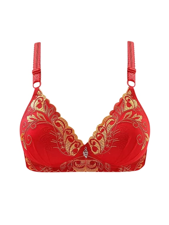 Bras for Women Lace Embroidery Bra Non Padded Wirefree Bra with Shapewear Full Coverage Bralette Push Up Red S