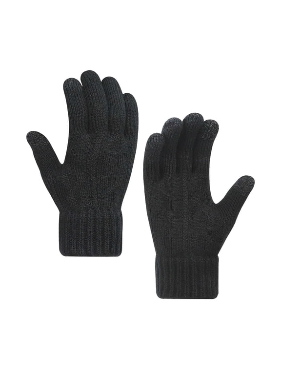 Classic Ribbed Knit Touchscreen Gloves, Thick Warm Winter Thermal Gloves, Unisex Stretchy Full Finger Gloves for Cold Weather Outdoor Black Free Size