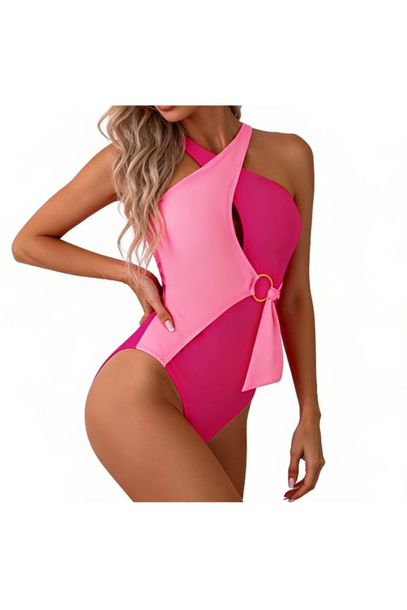 Crossover Halter One Piece Swimsuit for Women Color Block Slimming Monokini Tummy Control Bathing Suit Beach Swimwear Pink S